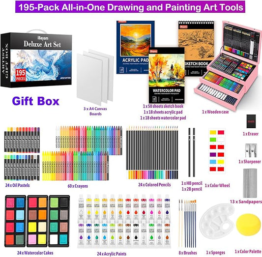 iBayam Gifts for Kids Teens Girls Women, 195-Pack Arts and Crafts Supplies for Adults Kids, Art Kits Paint Set for Acrylic Oil Watercolor Canvas Ceramic Rock Eggs Egg Tempera, Easter Basket Stuffers