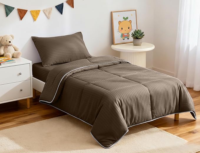 ZPECC Toddler Bedding Set - 4 Piece Hypoallergenic Baby Crib Bedding Set for Boys and Girls, Includes Toddler Comforter, Flat Sheet, Fitted Sheet and Pillowcase, Brown