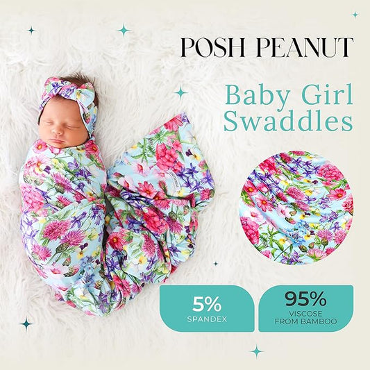 Posh Peanut Soft Baby Swaddle & Headband Set – Viscose from Bamboo Newborn Wrap Receiving Blanket, Nursing or Stroller Cover (Hadley