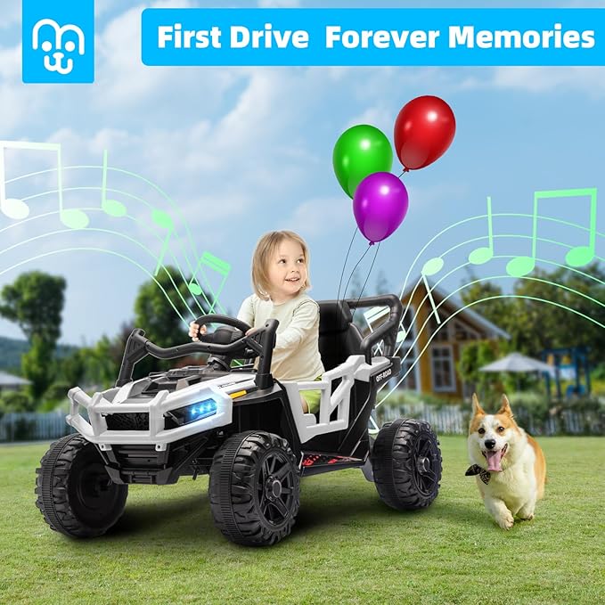 12V Kids Ride on Truck Car with Remote Control, Electric Off-Road UTV for Toddlers, Bluetooth Music, Suspension System Safety Belt, Electric Vehicles Gift for Boys & Girls-White