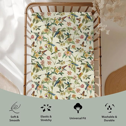 Vintage Hummingbirds Flowers Baby Crib Sheets for Boy Girl 28"x52" Spring Birds Colorful Floral Leaves Soft Snug Fitted Crib Mattress Cover Garden Baby Sheet for Standard Crib & Toddler Bed Mattress