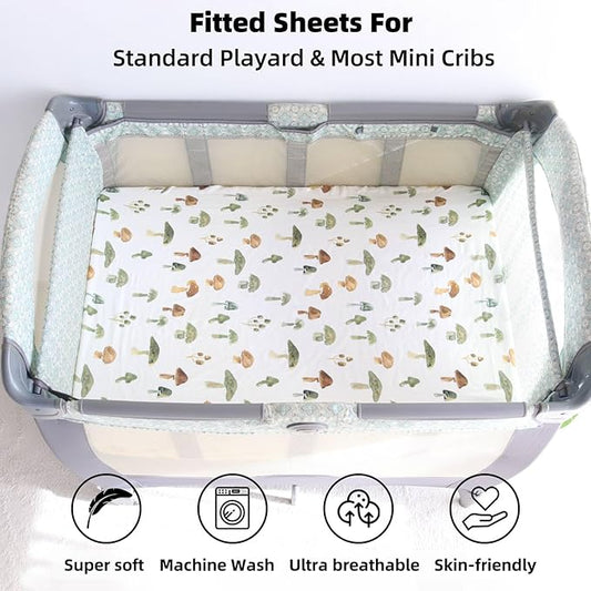 LifeTree Crib Sheets for Baby Unisex - Muslin Fitted Crib Sheets Toddler Bed Sheet, 70% Viscose from Bamboo and 30% Cotton, Fits Mini Crib & Pack and Play Playard, Mushroom, 26in x 38in