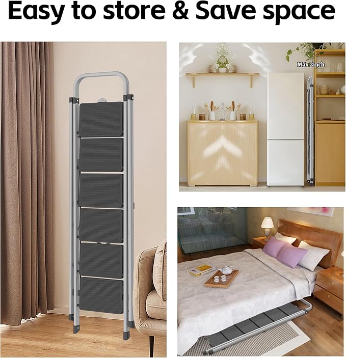 DIAMONDFORGE 6-Step Foldable Step Ladder Stool with Handle, Anti-Slip Wide Pedals & Feet, 800lbs Capacity, Sturdy Stepstool Folding for Adults in Home & Kitchen Use - Silver Gray