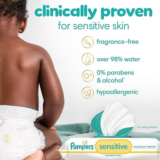 Pampers Baby Wipes Sensitive, Water Based Baby Wipes, Hypoallergenic and Unscented Baby Wipes, 168 Wipes Total (2 Flip-Top Packs)