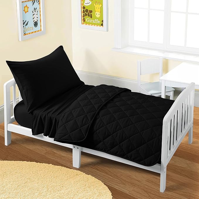 FLXXIE 4 Pieces Toddler Bedding Set, Soft and Breathable Microfiber Crib Sheet Set, Includes Quilted Comforter, Flat Top Sheet, Fitted Sheet, Envelope Pillow Case for Boys and Girls, Black