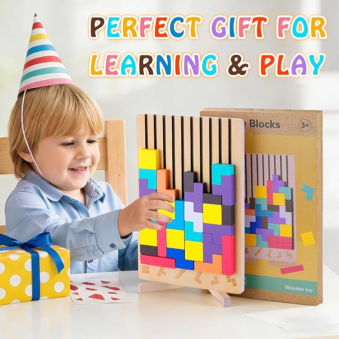 Montessori Wooden Stacking Puzzle Toy, Colored 3D Russian Block Stacking Jigsaw Puzzle Toy, Giant Building Block Board Game Educational Toys for Kids Brain Teasers for Toddlers 3-6 Years