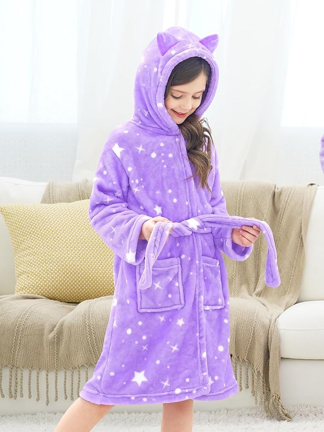 Doctor Unicorn Girls Leopard Cat Robe Kids Fleece Warm Hooded Bathrobe