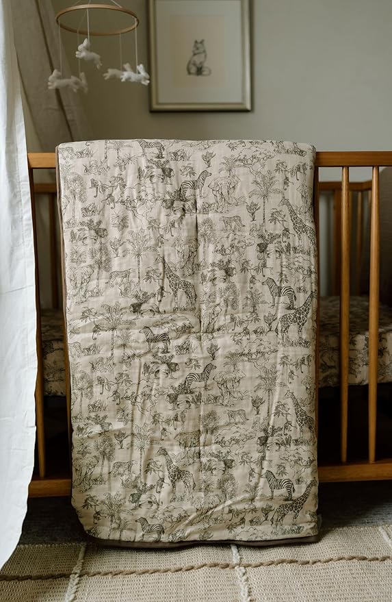 Oilo 100% Organic Premium Cotton Muslin Crib Quilt & Sham Set, (45" x 60") Print and Solid Sides, Extra-Soft & Lightweight, Fits Toddler Beds, Heirloom Organic Collection, Vintage Safari