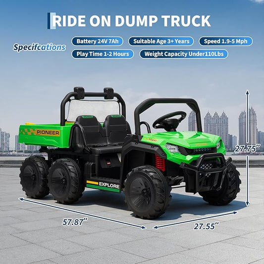 24V 4WD Electric Ride-on Dump Truck for Kids, 2-Seater with Parental Remote Control, 3 Speeds, All-Terrain Off-Road Toy Car for Boys Girls, Green