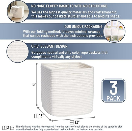 NaturalCozy 13 Inch Cube Storage Bins Cotton Rope Woven Baskets for Organizing 3-Pack | 13 x 13 Storage Cubes | Fabric Square Storage Baskets for Shelves Organizer, Kids Toy Bins, Closet Baby Nursery