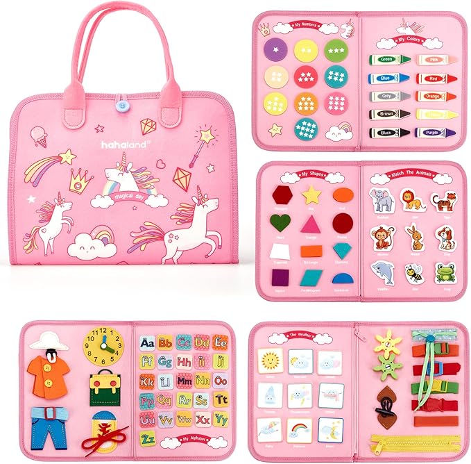 hahaland Toddler Busy Board Montessori Toys for 3 Year Old Girl Gifts, Educational Learning Toys with Life Skills, Alphabet, Number, Shape, Color, Easter Gift Travel Busy Book Sensory Activities Age 3