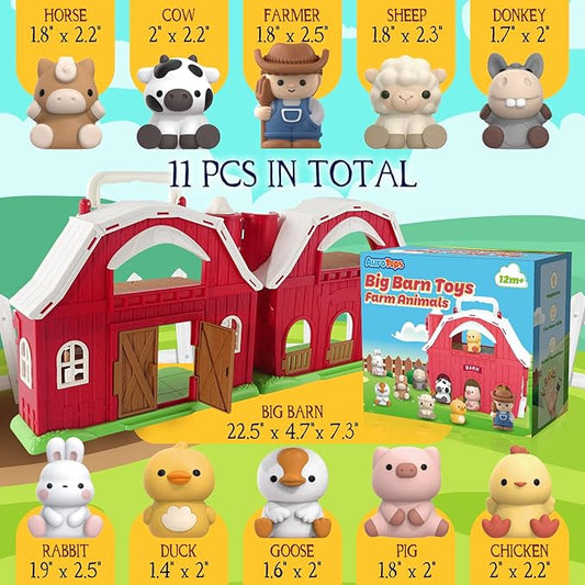 Toys for 1 2 3 Years Old Boys and Girls, Big Barn Playset with Farm Animal, Preschool Montessori Toy, Farm Playset with Big Red Barn & Farmer, Christmas & Birthday Gift Toy for Kids