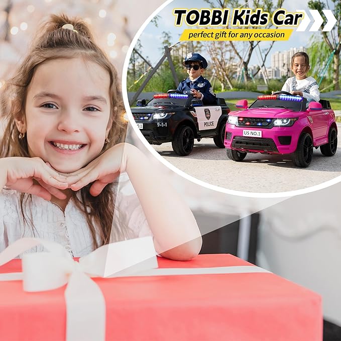 TOBBI Electric Cars for Kids Driving Remote Control Ride on Police Riding Car 4 Wheels Vehicles 12V Battery Cop Truck for Toddlers with Siren, Flashing Lights, Music, Pink