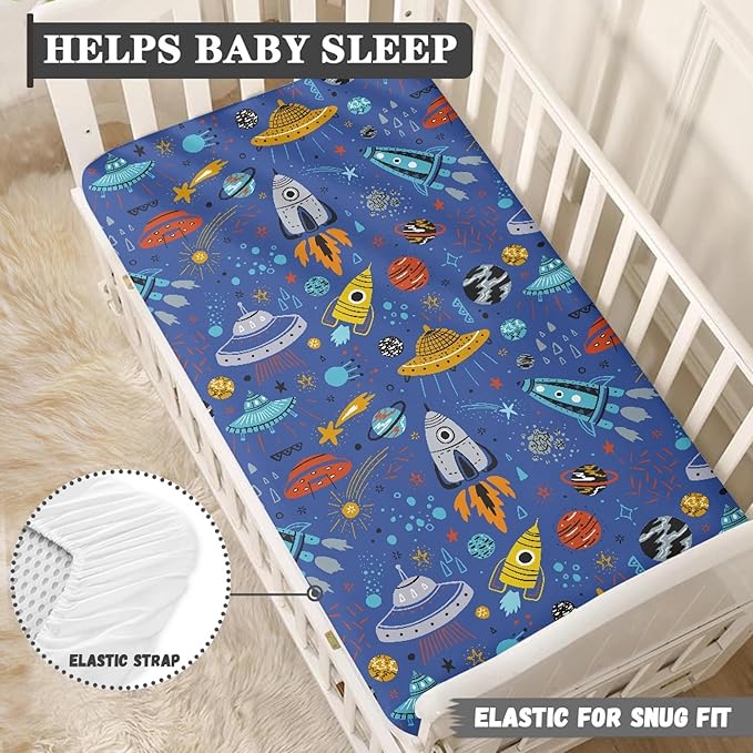 Cartoon Rockets Planets Stars Comets and UFOs Fitted Crib Sheet Astronaut Space Galaxy Baby Crib Sheet Fit Standard Crib and Toddler Mattress,Crib Mattress Sheets for Boys Girls 28"x52"