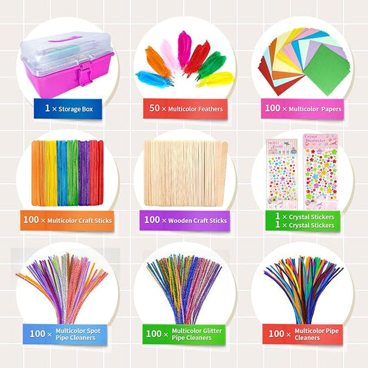 kortes Art and Craft Supplies for Kids, Toddler DIY Craft Art Supply Set Included Pipe Cleaners, Pom Poms, Feather, Folding Storage Box - All in One for Craft DIY Art Supplies, Rose Red