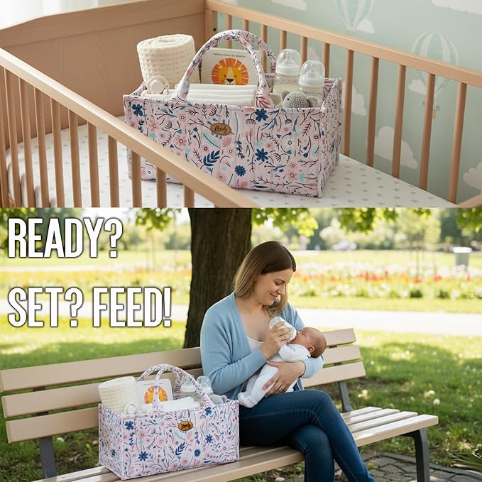Floral Diaper Caddy Organizer, Caddy For Baby Stuff, Quilted Washable Car Storage for Newborn Toddler, Portable Nursery Storage Organizer for Changing, Waterproof Fabric Shower Basket, Floral Bag