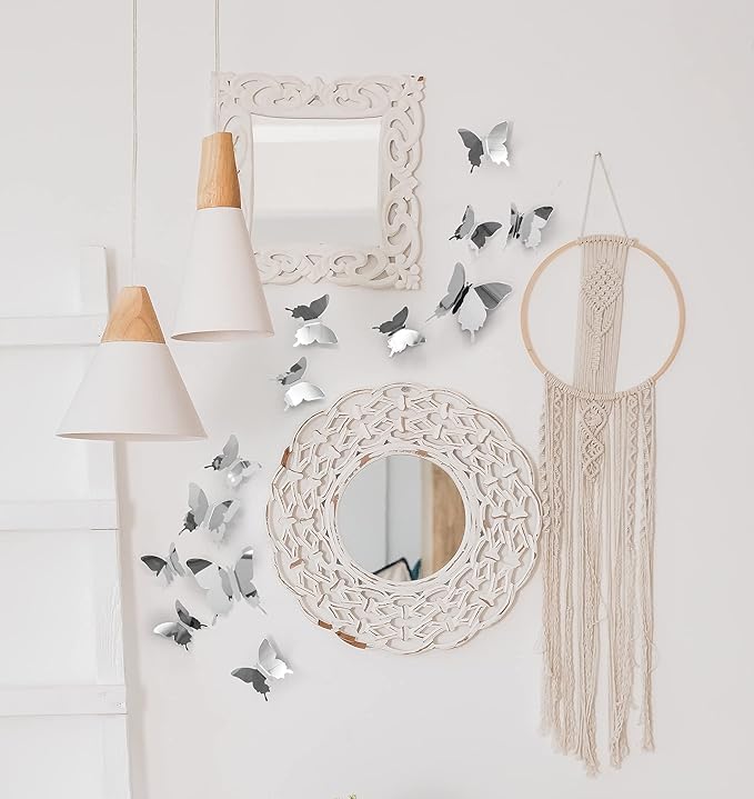 Silver Butterfly Wall Decals - 24 Pcs, Bedroom Wall Decor, Aesthetic Butterflies Stickers for Room Decor