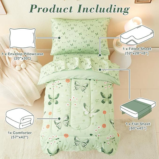 Mooreeke 4 Pieces Toddler Bedding Set - Soft Sage Green Butterfly Toddler Comforter Sets for Girls, Includes Quilted Comforter, Flat Sheet, Fitted Sheet and Pillowcase, Bed in A Bag for Baby Bedroom