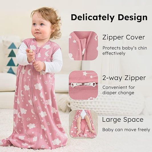 Baby Sleep Sack 6-12 months, 100% Cotton Sleeping Sack for Newborn and Infant, 3 Pack Baby Wearable Blanket, 0.5 Tog Lightweight Double Zipper Sleep Bag Medium Pink Stars Moon