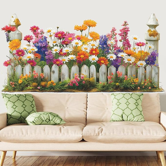 Daisy Flowers Wall Decals Spring Flowers Fence Wall Stickers Removable Art Sticker for Living Room Bedroom Classroom Nursery Decor