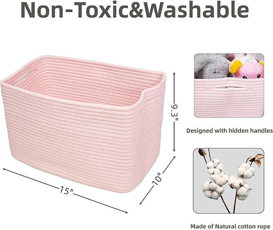 Cotton Rope storage Basket Bins Woven Basket for Organizing Shelves 15X10X9.3" Rectangle Decorative Baskets For storage Clothes Toys Books Towels Nursery basket organizer 3 pack light pink