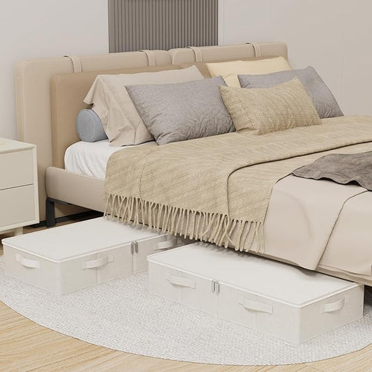 ENUMAIL Underbed Storage Bins Drawer, Foldable Under Bed Boxes, Fabric Closet Container with Lid for Organizing Clothes, Sheets, Blankets, Comforter, 31.4x15.7x5.9in, Beige, 3 Pack