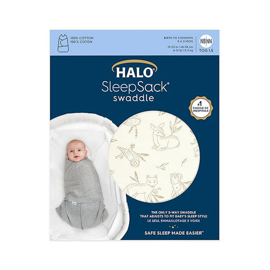 HALO 100% Cotton Sleepsack Swaddle, 3-Way Adjustable Wearable Blanket, TOG 1.5, Lullaby Forest, Newborn, 0-3 Months