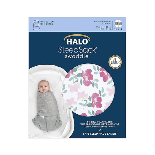 HALO 100% Cotton Sleepsack Swaddle, 3-Way Adjustable Wearable Blanket, TOG 1.5, Stems, Small, 3-6 Months