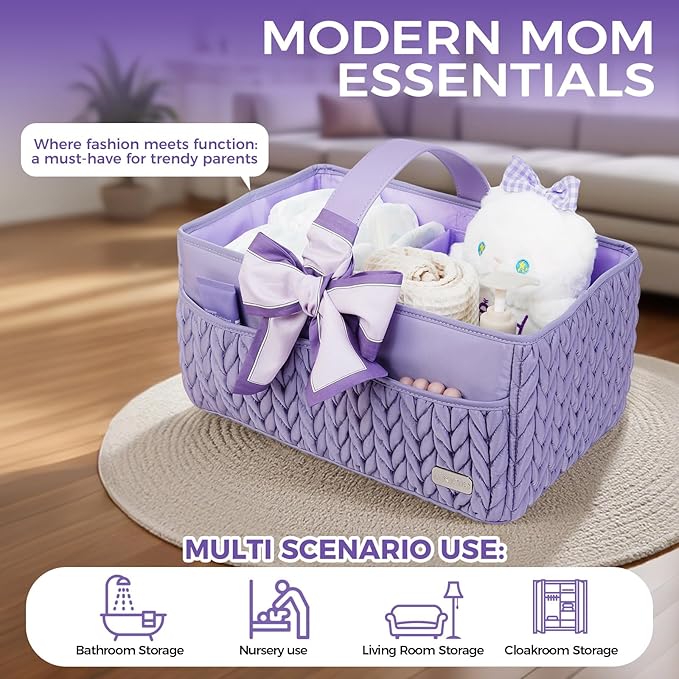 LUKJOJO Luxurious Baby Diaper Caddy, Nursery Storage Basket for Newborn Boy and Girl, Travel Baby Basket for Diapers Baby Wipes, Organizer Tote Bag Storage Bin, Baby Shower Gifts (purple)