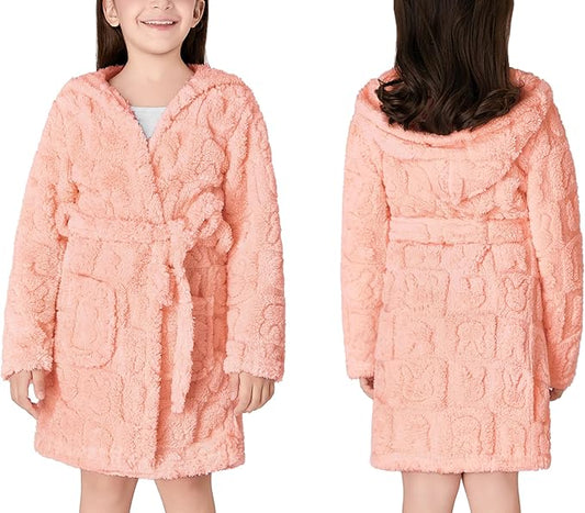 Topgal Leopard Cat Robe for Girls Fleece Toddler Kids Teen Hooded Bathrobe Size 4T-18