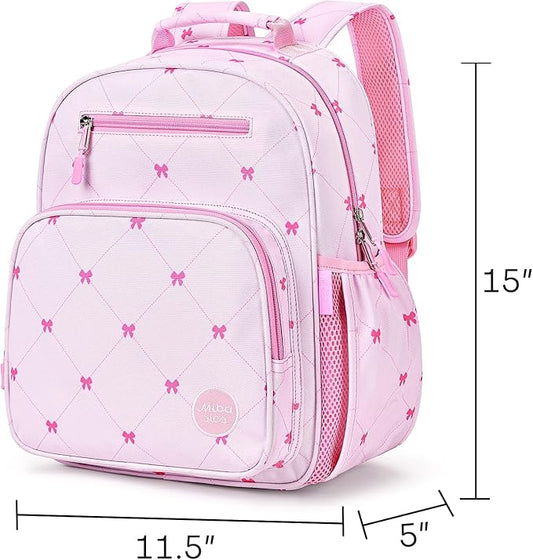 mibasies Girls Backpack 5-8: Lightweight Kids Backpacks for Girls - Girl Bookbag for Elementary School - Diamond-shaped Bow Pink