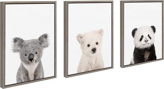Kate and Laurel Sylvie Three Bears Framed Canvas Wall Art by Amy Peterson, Set of 3, 18x24 Gray, Adorable Baby Animal Art