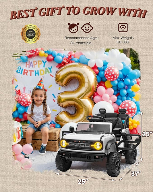 First Ride On Ford Bronco Raptor 12V Toddler Ride on Toys, Safe Kids Ride on Truck with Remote Control, Children Electric Cars with 4 Wheels Suspension, Radio, Music, Bluetooth (12V, White)