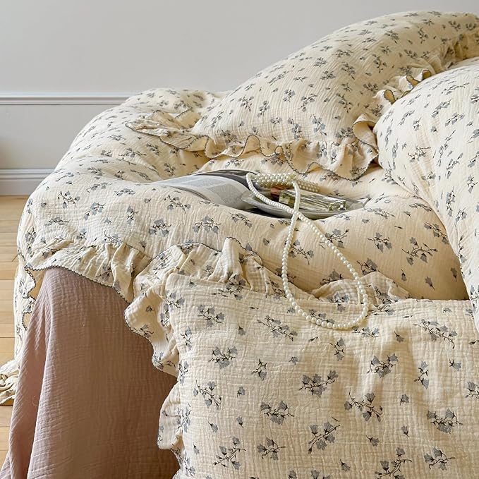 BuLuTu Chic Shabby Vintage Floral Duvet Cover Twin for Kids Girls Boys 100% Cotton Muslin Ruffled Quilt Cover Twin, 68"x86", Hyacinth Print, Soft Breathable, Zipper Closure, No Pillowcase