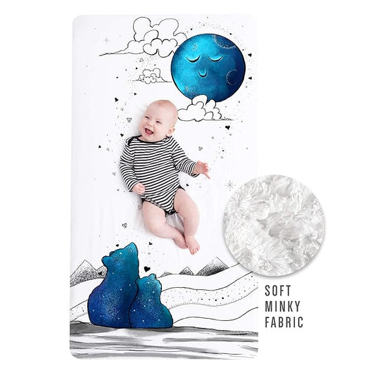 JumpOff Jo - Waterproof Baby Crib Sheet - Super Soft Breathable Minky Fabric, TPU Stain Protector, Baby Crib Sheet for Standard Crib Mattresses and Toddler Beds, 28"x52" - Mama Bear Blue