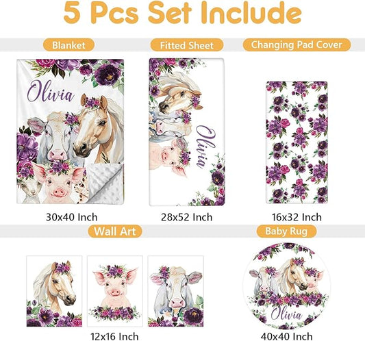 Custom Baby Crib Bedding Set, 5 Pcs Personalized Name Baby Crib Sets for Infant Toddler, Floral Horse Nursery Bedding Set for Baby Girls, Double Layer Baby Bedding Sets, Gifts for New Parents