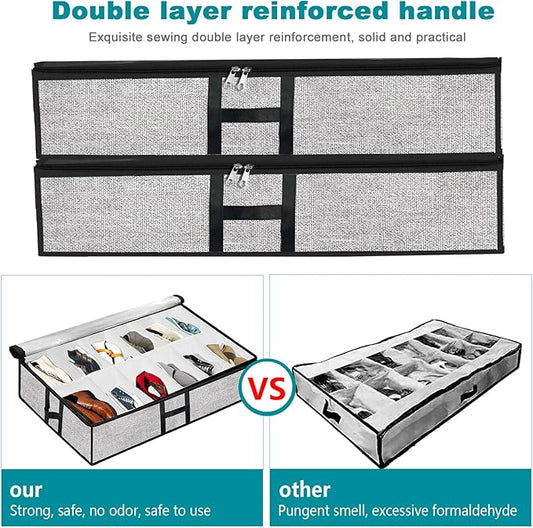 Meerainy Under Bed Shoe Storage Organizer for Closet 2 Pack- Fits 24 Pairs Underbed Shoes Container Boxes, Light Grey