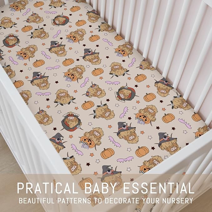 Highland Cow Halloween Baby Crib Sheets for Boy Girl Western Cowboy Fall Pumpkin Bats Soft Snug Fitted Crib Mattress Covers for 52''x28'' Standard Crib & Toddler Mattress Spooky Farm Animal Bed Sheet