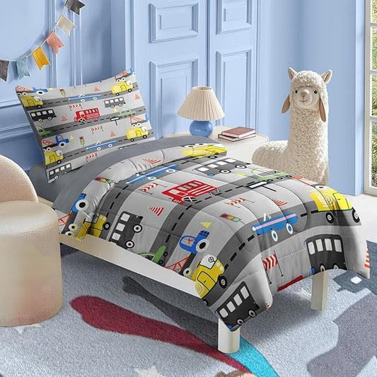 Nesker 4 Pcs Comforter Set Toddler Size, Car Bus Truck Bedding for Kids Teen, Tree Constrution Road Bed Sheet with Pillowcase & Sham