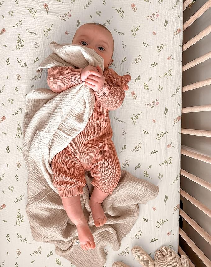 Mini Crib Sheets for Baby Boy Girl 2 Pack, Neutral Mini Crib Mattress Sheet 24" x 38", Muslin Nursery Bedding Soft and Breathable Comfort (Petal Leaf & Pink)