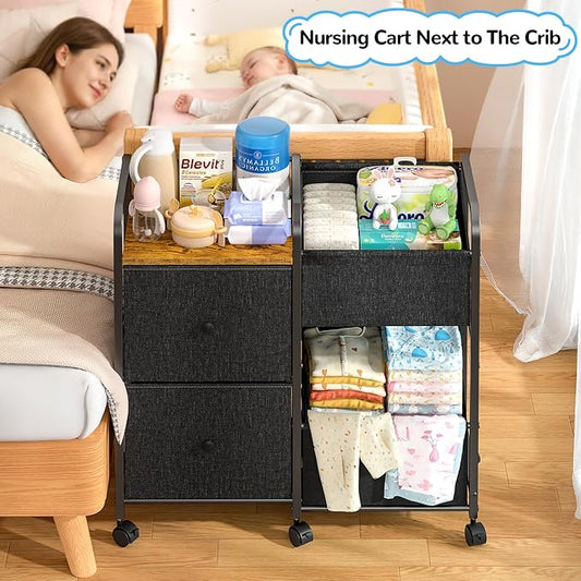 Baby Diaper Caddy Organizer Cart, Bedside Cart for Baby Essentials, Nursing Storage with Drawers and Lockable Wheels, Baby Organizers and Storage for Bedroom, Living room, Bathroom