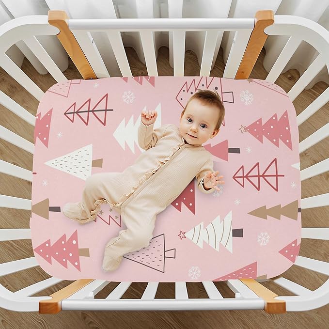 Christmas Trees Pink Crib Sheets Soft Breathable Fitted Baby Crib Sheets Mattress Cover for Girl Boys, 52" x 28" x 9"