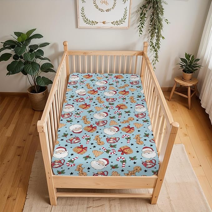 Sweet Christmas Blue Baby Crib Sheets for Boy Girl 52x28 Santa Claus Cherry Fir Candy Soft Snug Fitted Crib Mattress Cover Winter Holiday Festival Baby Sheet for Standard Crib & Toddler Bed Mattress