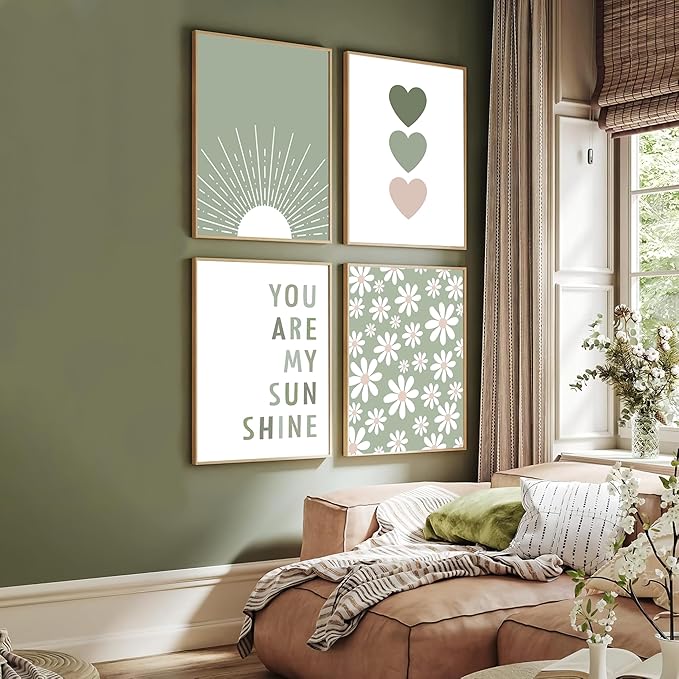 Aglcatie Boho Wall Art Poster Set of 4 Sage Green Nursery Wall Decor “You Are My Sunshine” Canvas Prints Cute Heart & Daisy Flower Posters Baby Girl Room Decor for Kids Bedroom 12x16 Inch Unframed
