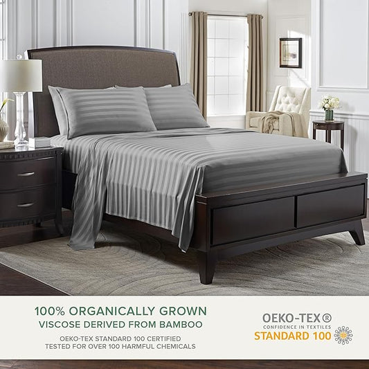 Pure Bamboo Queen Sheets, Genuine 100% Organic Viscose Derived from Bamboo Bed Sheet Set, Luxuriously Soft & Cooling, Double Stitching, 2 Year Quality Promise (Queen, Jacquard Stone)