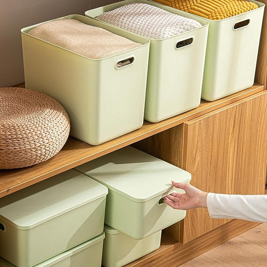 Gaoaodeyu 4 pack large plastic White storage bins Baskets, Toy Box Chest with Lids and Handle,Organizer Containers for Baby,Kids,snacks,Nursery,Shelves,Playroom, Bedroom,Office,Closet,home
