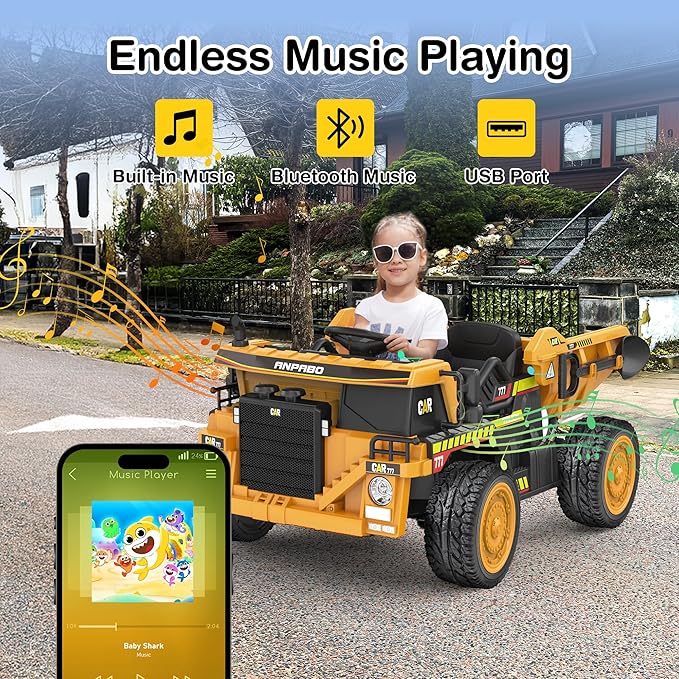 ANPABO 24V Ride On Dump Truck, 2X75W Powerful Motors, Up to 4.4Mph, EVA Tires, Construction Vehicle w/Electric Dump Bed and Extra Shovel, 19" Spacious 2 Seater, Kids Car w/Parent Remote -Yellow