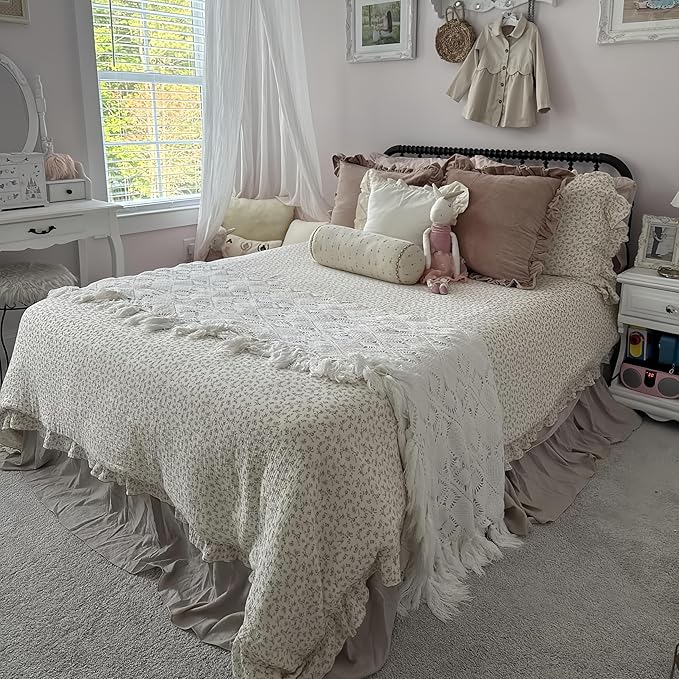 BuLuTu Vintage Floral Design Kids Duvet Cover Twin Cottage Camellia Print Comforter Cover with Ruffles Soft Muslin Cotton Quilt Cover for Girls Boys, Zipper & Corner Ties, No Pillowcase
