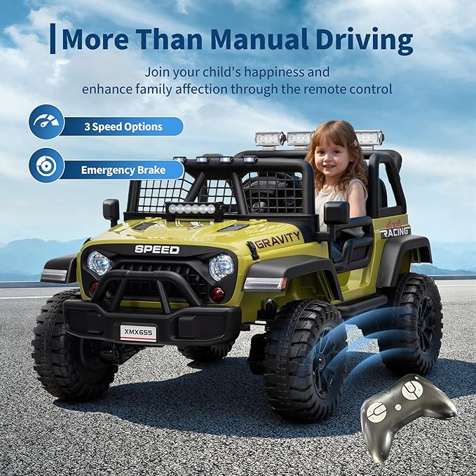 24V 2-Seater Kids Electric Truck with Parent Remote Control, 100Min Ride-on Car, 4WD Dual Motor, 2 Speeds, Spring Shock Absorber, LED Headlights, Siblings Gift Kids Electric Vehicle, Green