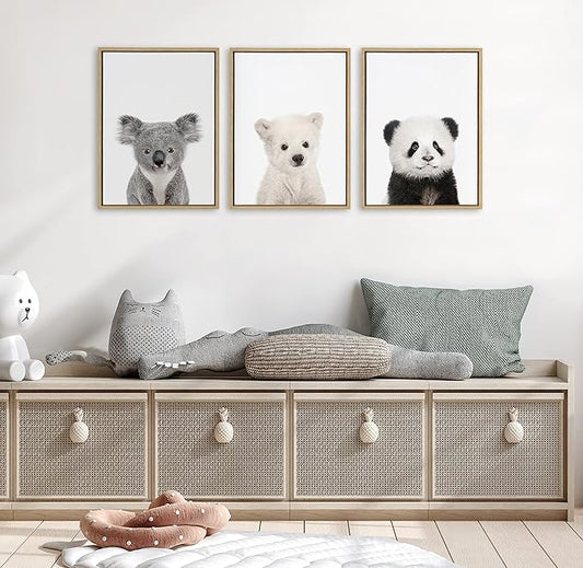 Kate and Laurel Sylvie Baby Polar Bear, Baby Panda Bear and Baby Koala Bear Framed Canvas Wall Art Set by Amy Peterson Art Studio, 3 Piece Set 18x24 Natural, Baby Animal Wall Art Décor Set